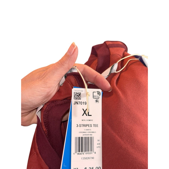 Men's Adidas Red Burgundy 3-Stripes Short Sleeve Tee Shirt XL - Picture 3 of 3